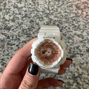 Baby G Casio watch with rose gold face.